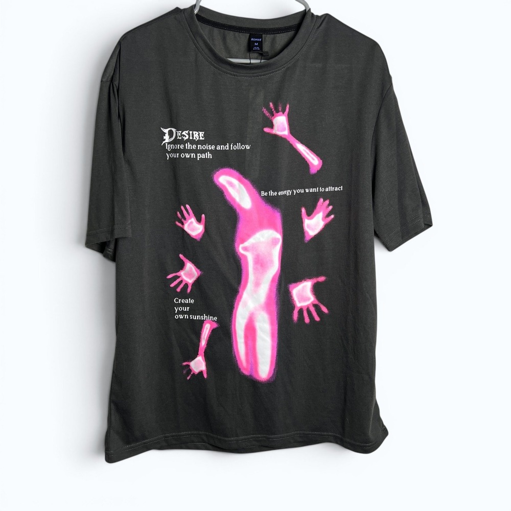 Graphic Tee Y2K Pink Print Black Shirt Mens M Streetwear Affirmation